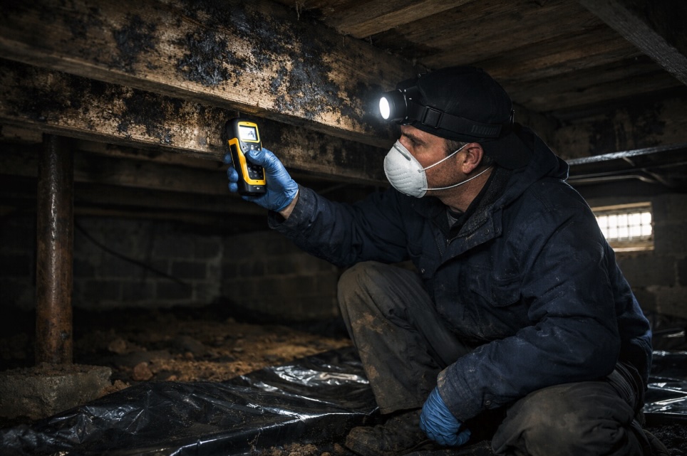 A dimly lit residential crawl space beneath a New Jersey home. The space shows exposed wooden floor joists and beams with visible dark mold growth spreading across the surfaces. A vapor barrier is partially installed on the ground soil below. A professional inspector in work gear and a headlamp is crouched in the space, holding a moisture meter against a beam. The atmosphere is damp and dark, with a small amount of natural light filtering in from a foundation vent.