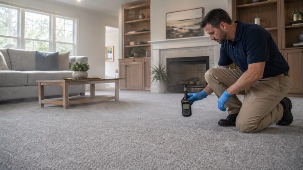 A bright, newly renovated living room with light gray carpet, white walls, and wood cabinetry. Soft daylight fills the space from large windows. In the foreground, an environmental technician in a navy polo and khaki pants kneels on the carpet, using a handheld air sampling device near the floor, where a faint haze is visible.