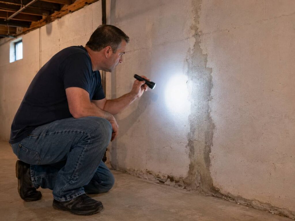 Homeowner inspecting a water stain on a basement wall for signs of moisture